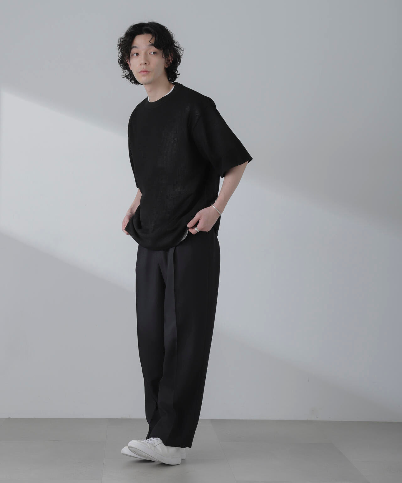 ポリメッシュリラックスクルーネックニットTシャツ