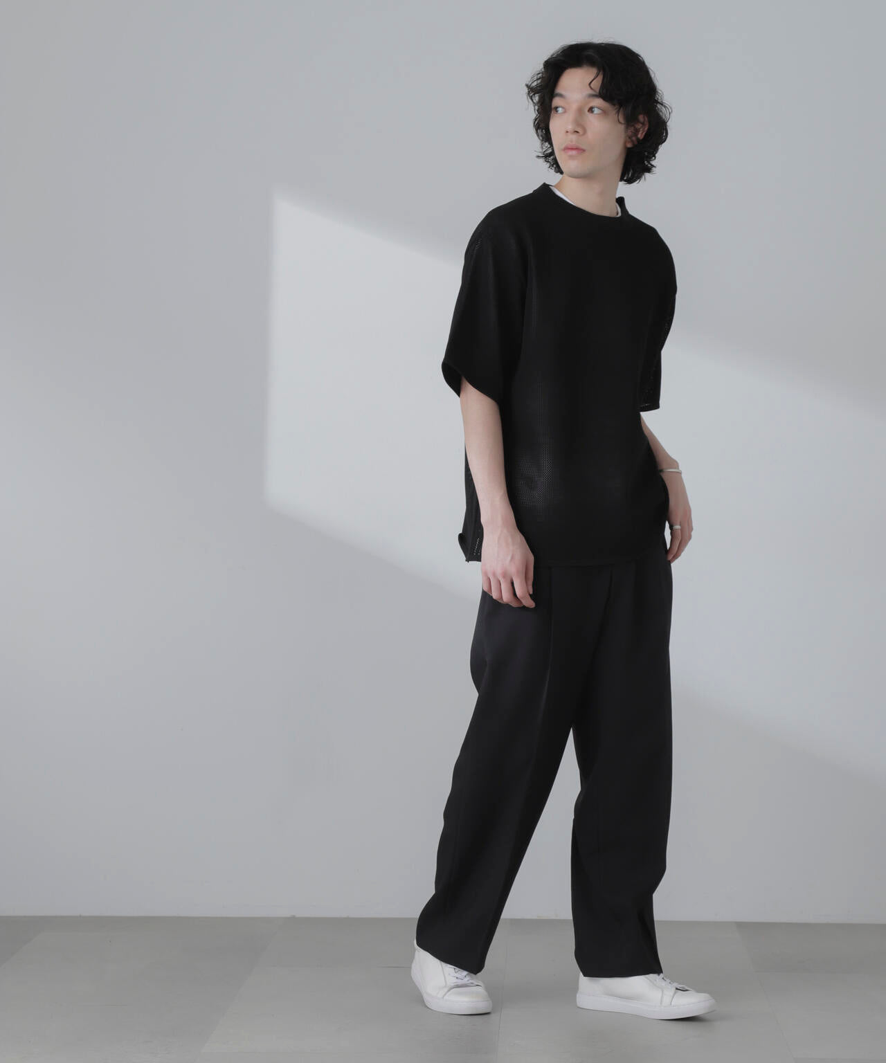 ポリメッシュリラックスクルーネックニットTシャツ