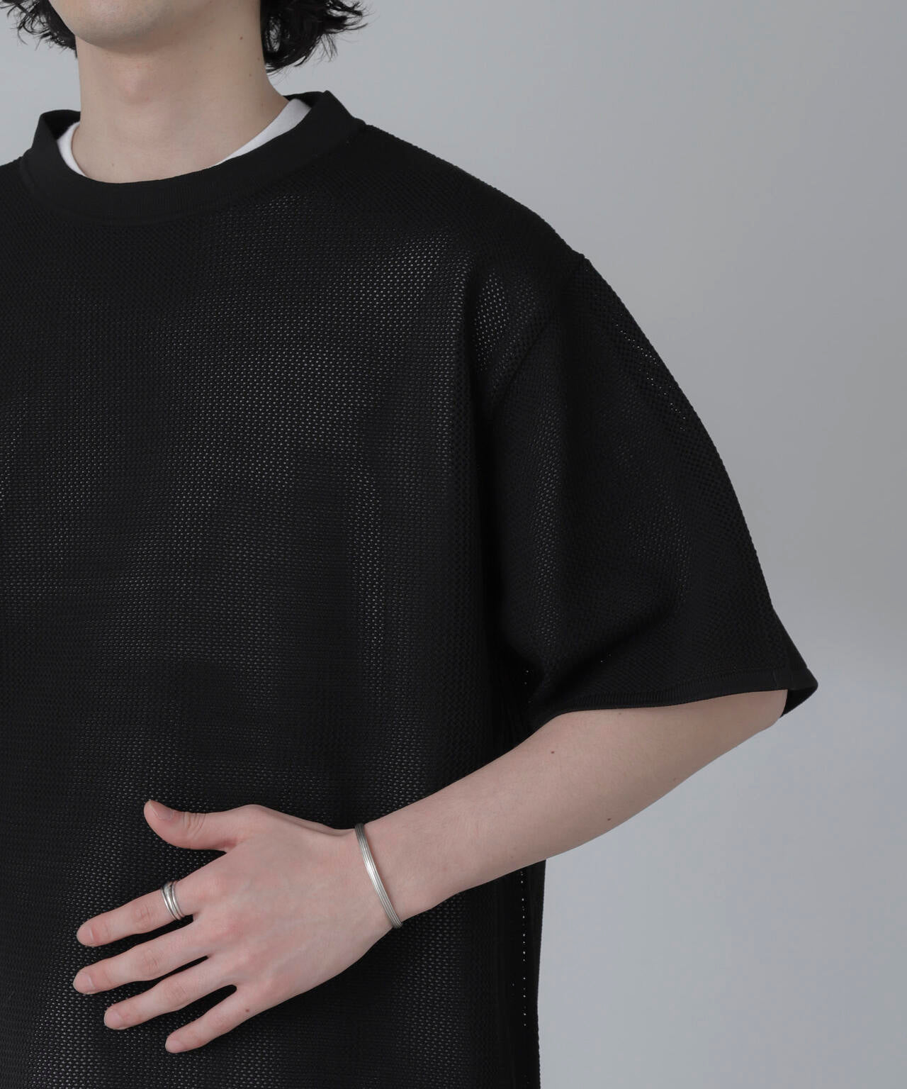 ポリメッシュリラックスクルーネックニットTシャツ