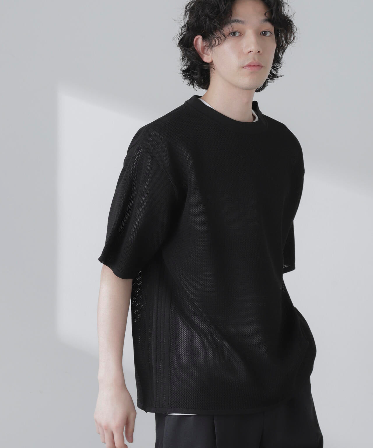 ポリメッシュリラックスクルーネックニットTシャツ