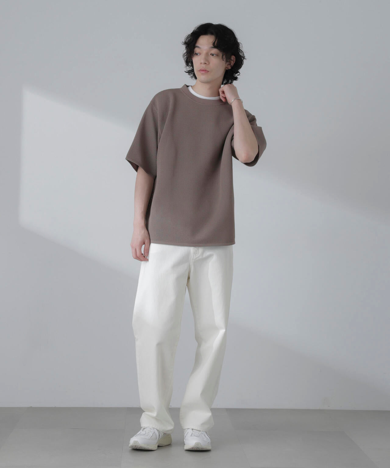 ポリメッシュリラックスクルーネックニットTシャツ