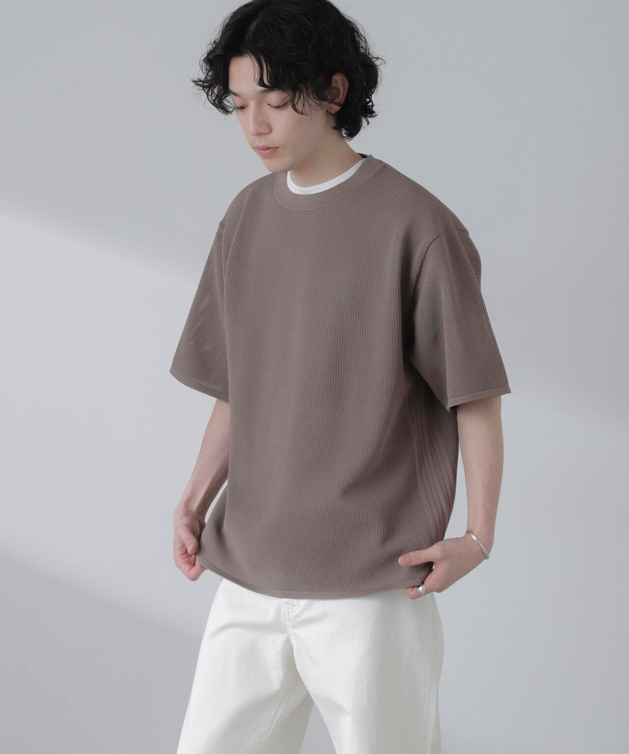 ポリメッシュリラックスクルーネックニットTシャツ