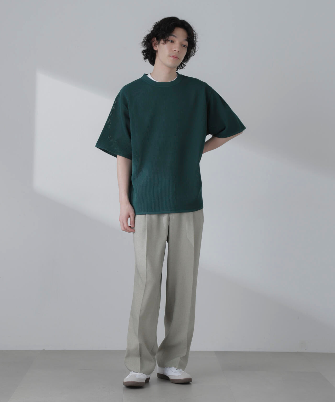 ポリメッシュリラックスクルーネックニットTシャツ