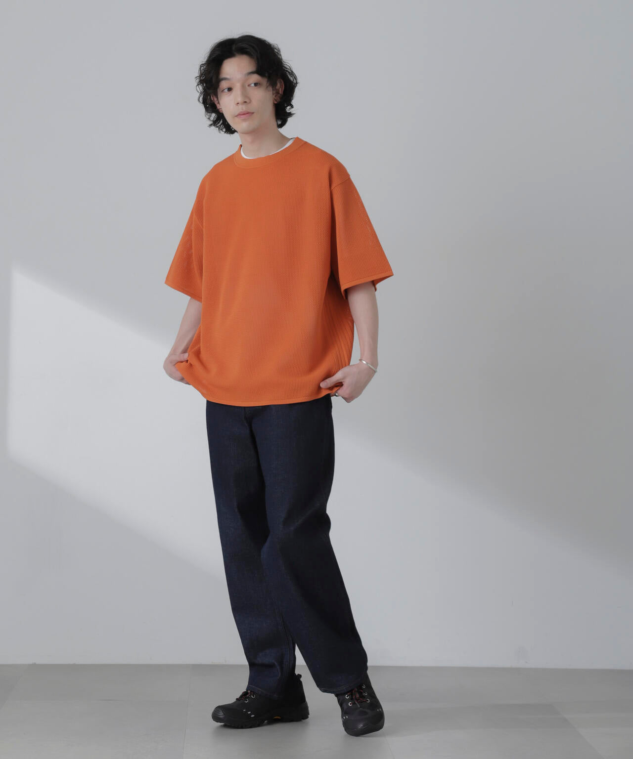 ポリメッシュリラックスクルーネックニットTシャツ