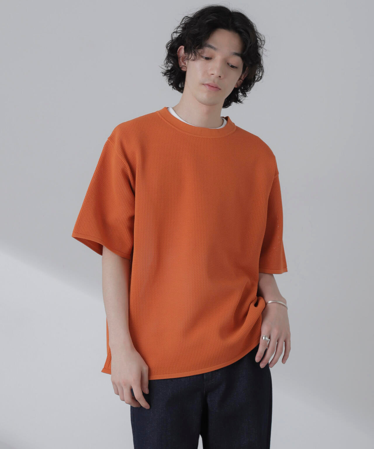 ポリメッシュリラックスクルーネックニットTシャツ