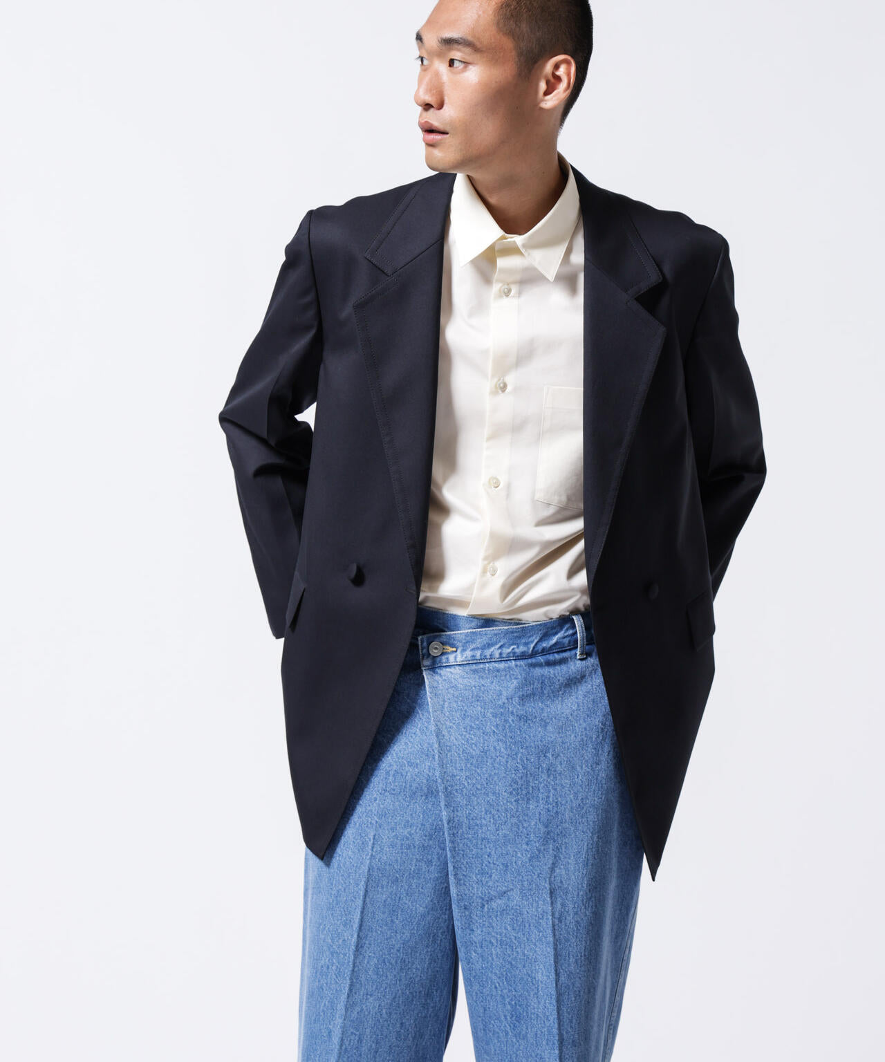 「ASSEMBLANC」ラップディティールデニムトラウザー