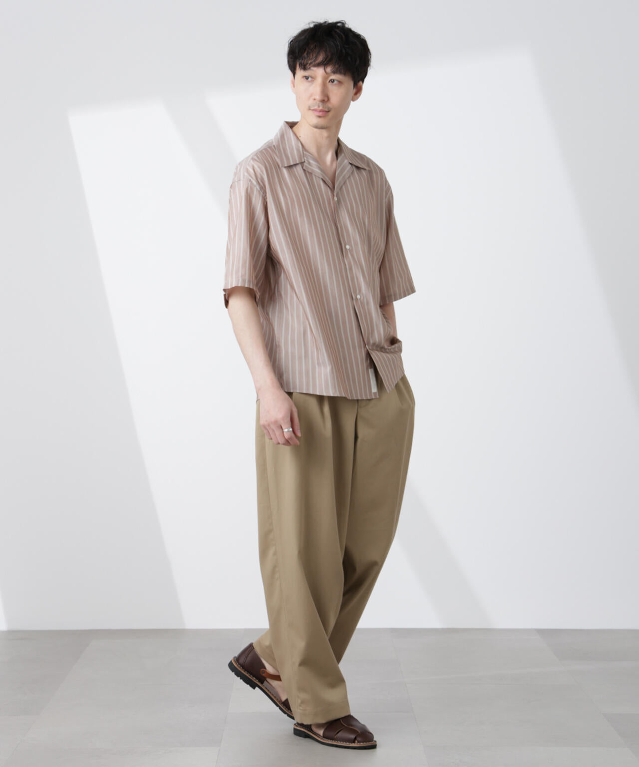 「大人のワイドシャツ」ストライプオープンカラー半袖シャツ