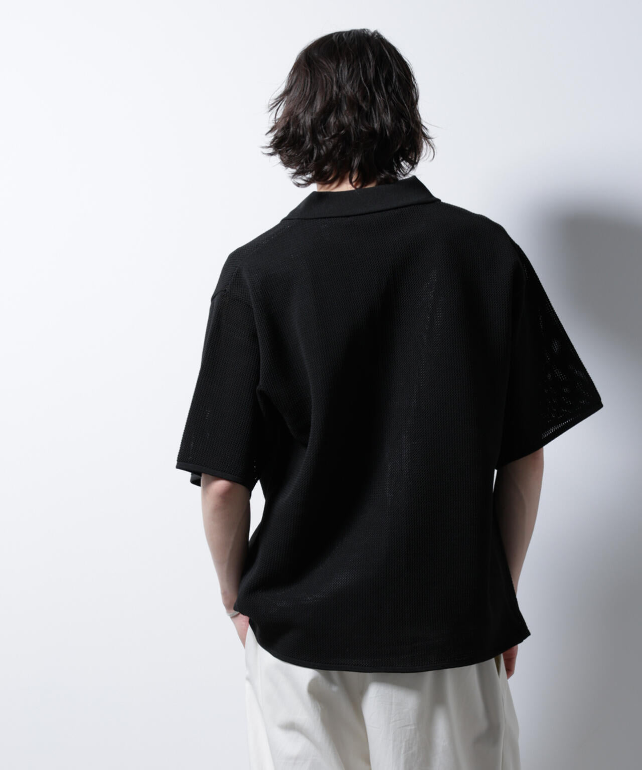 スポンディッシュ メッシュオープンカラーニットシャツ
