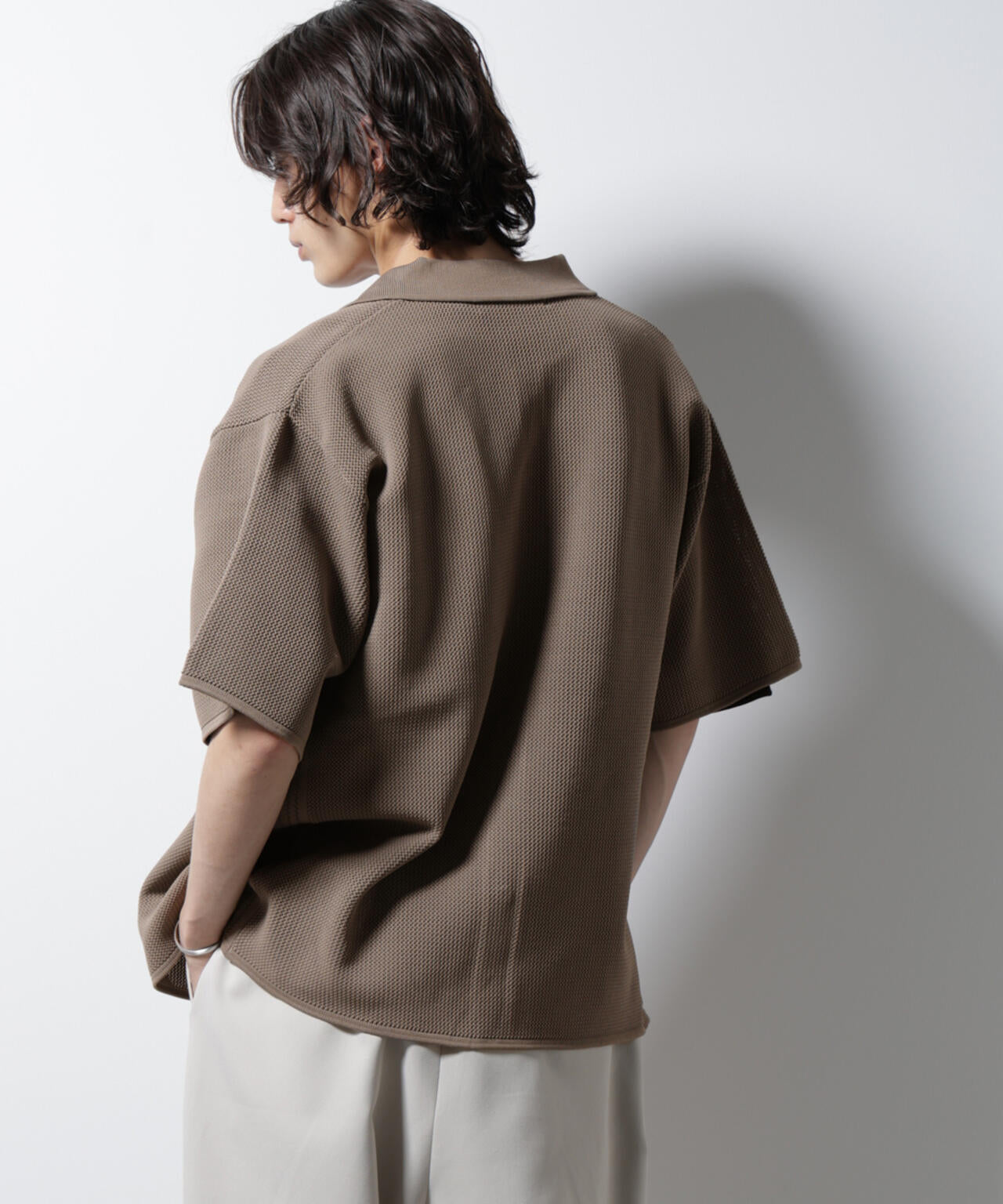 スポンディッシュ メッシュオープンカラーニットシャツ