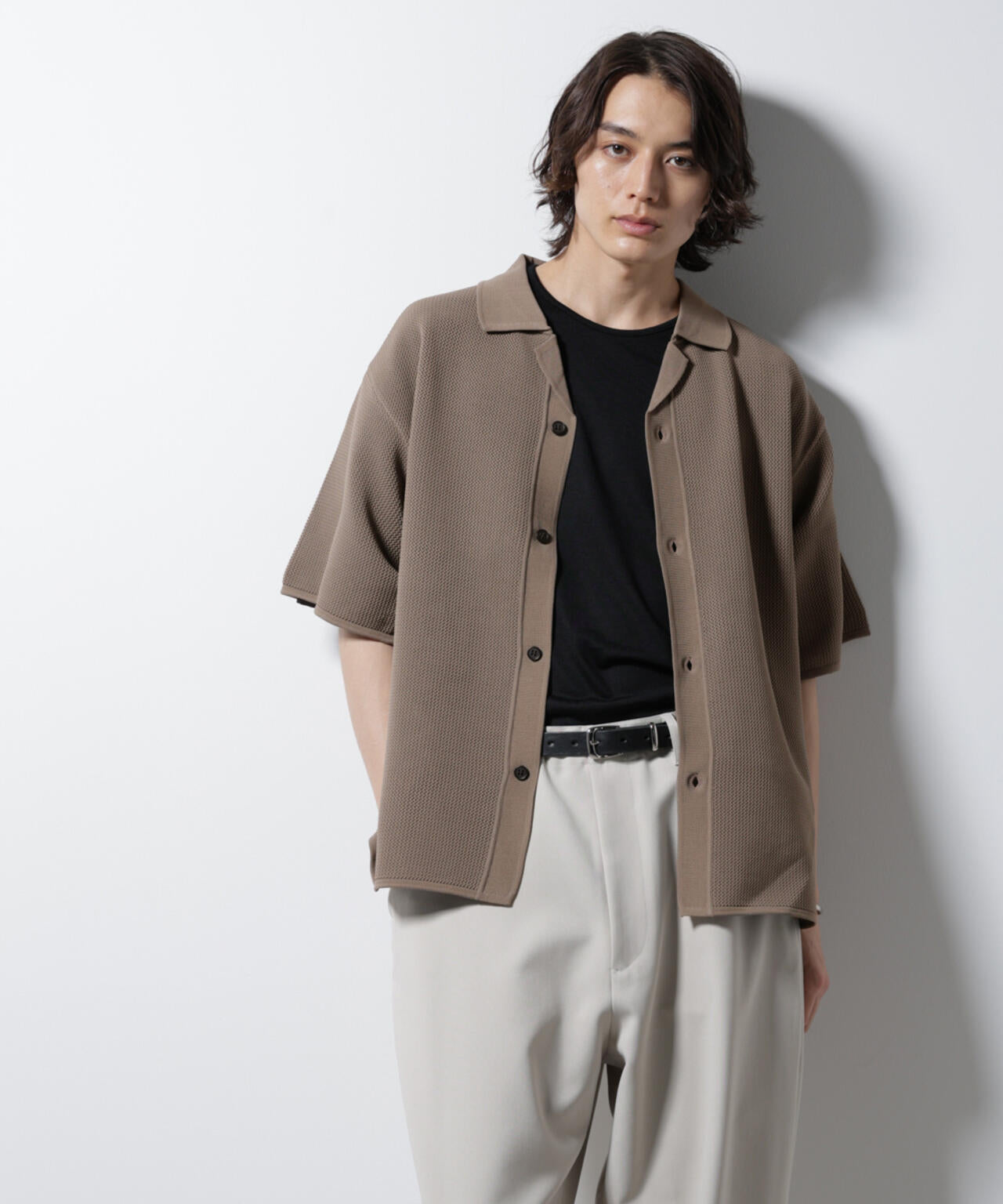 スポンディッシュ メッシュオープンカラーニットシャツ