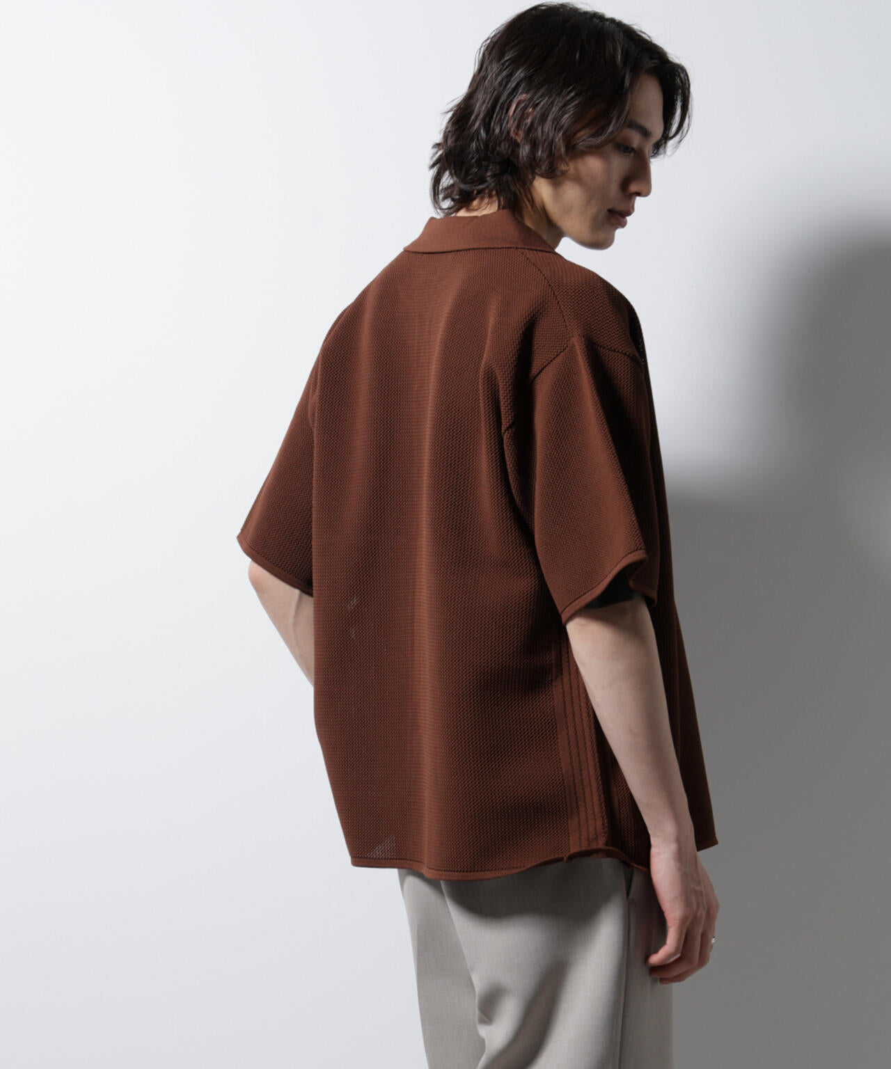 スポンディッシュ メッシュオープンカラーニットシャツ