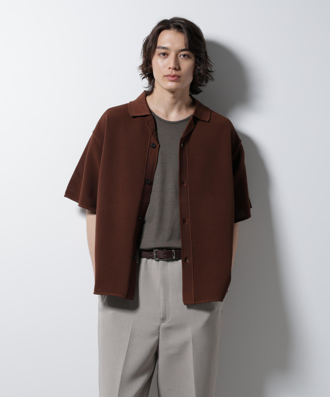 スポンディッシュ メッシュオープンカラーニットシャツ