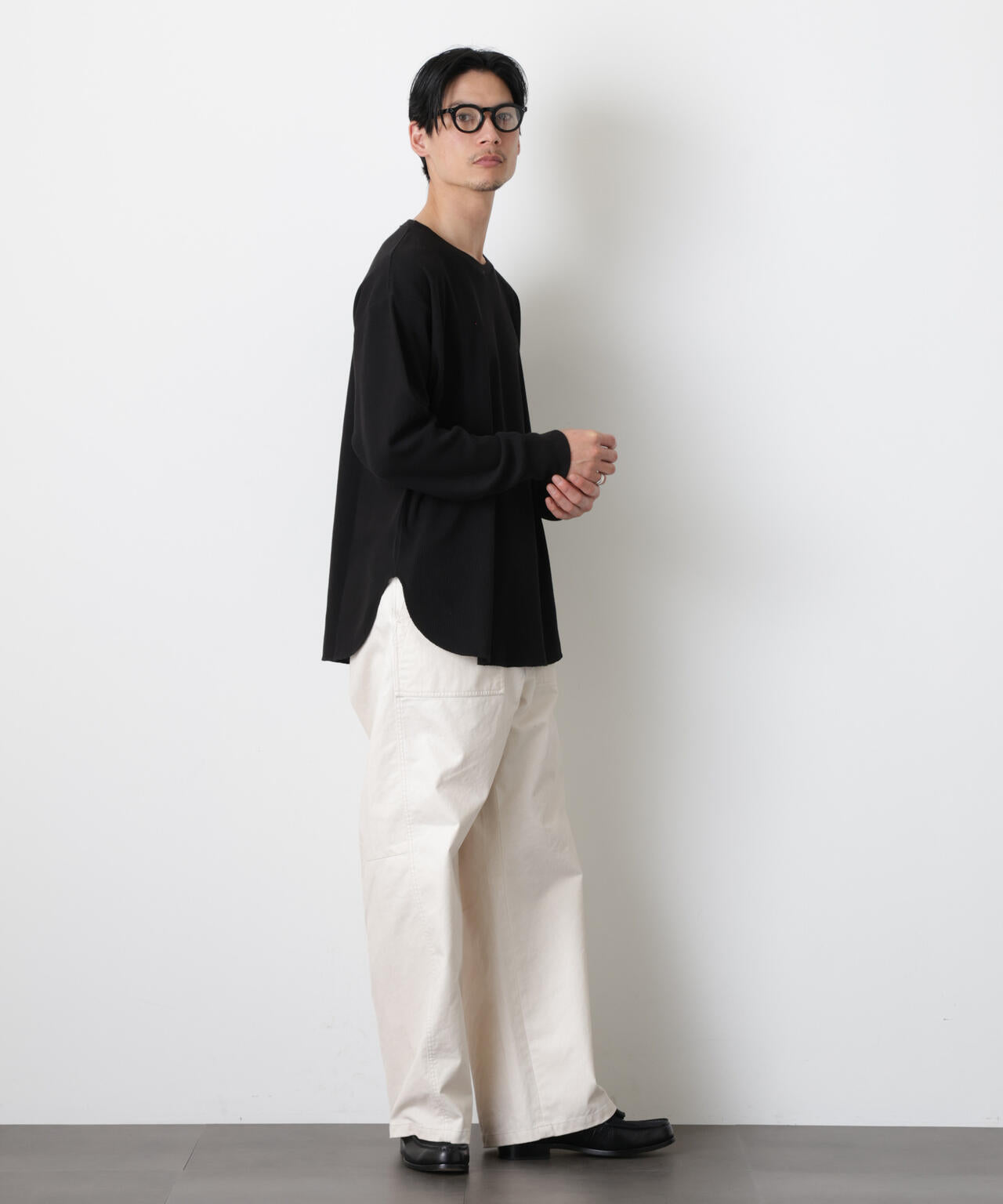 ミニワッフルクルーネックTシャツ 長袖