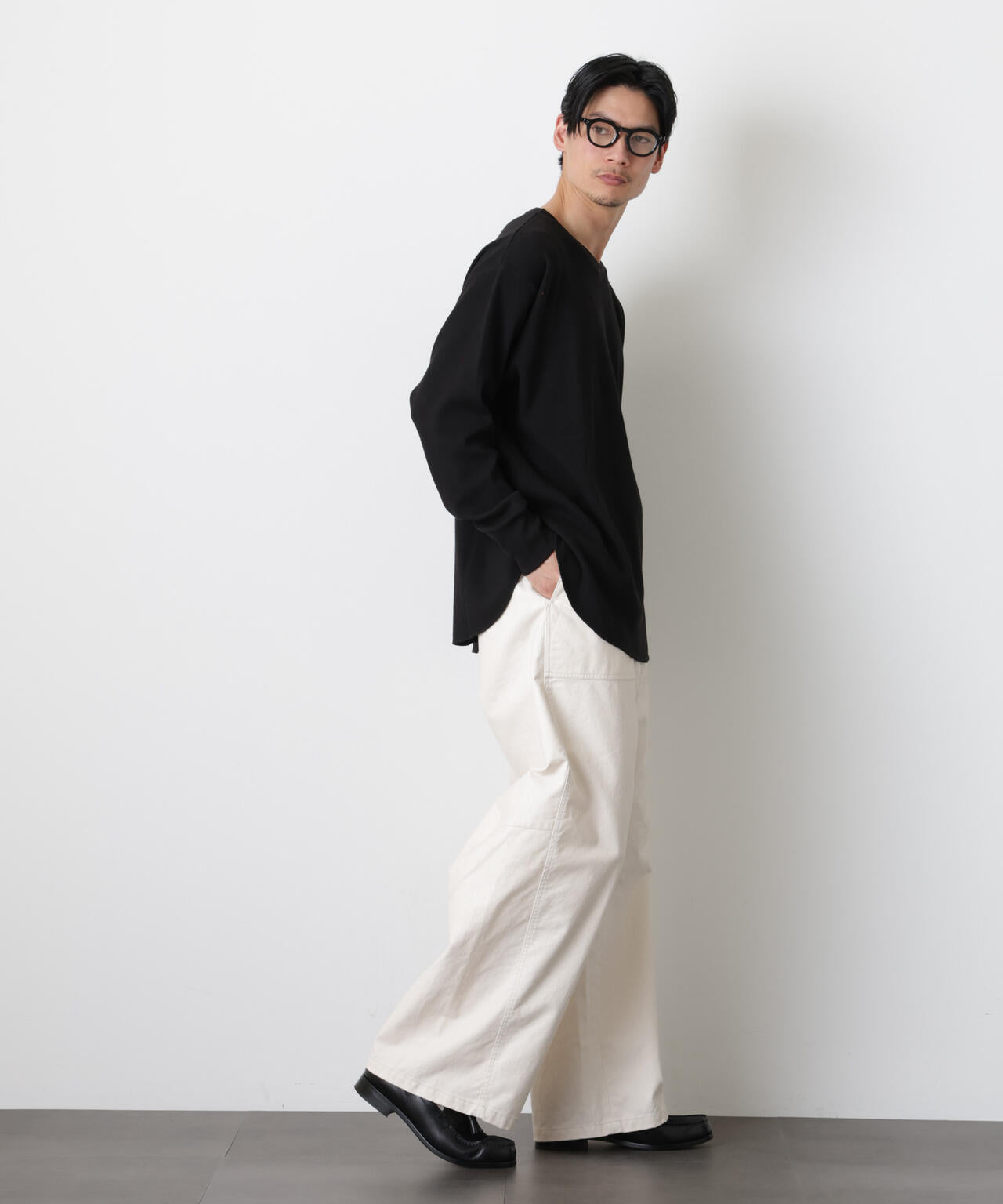ミニワッフルクルーネックTシャツ 長袖