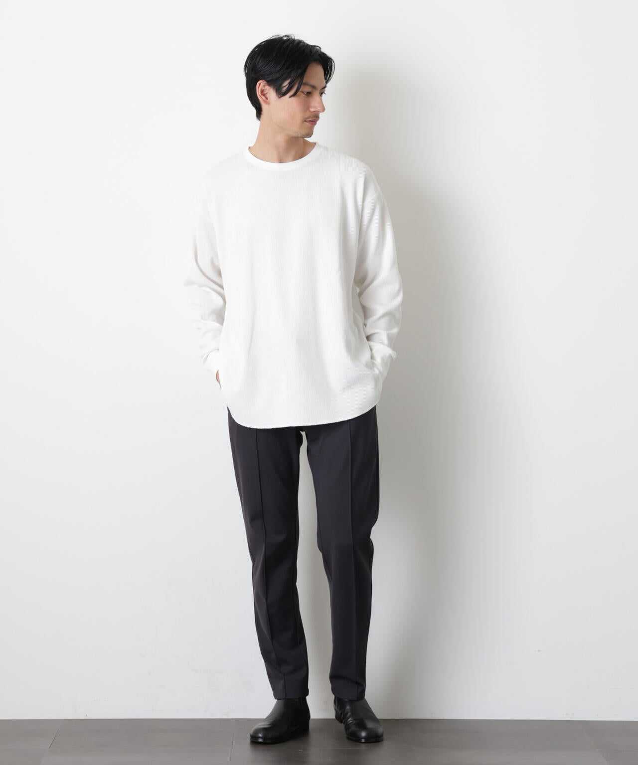 ミニワッフルクルーネックTシャツ 長袖