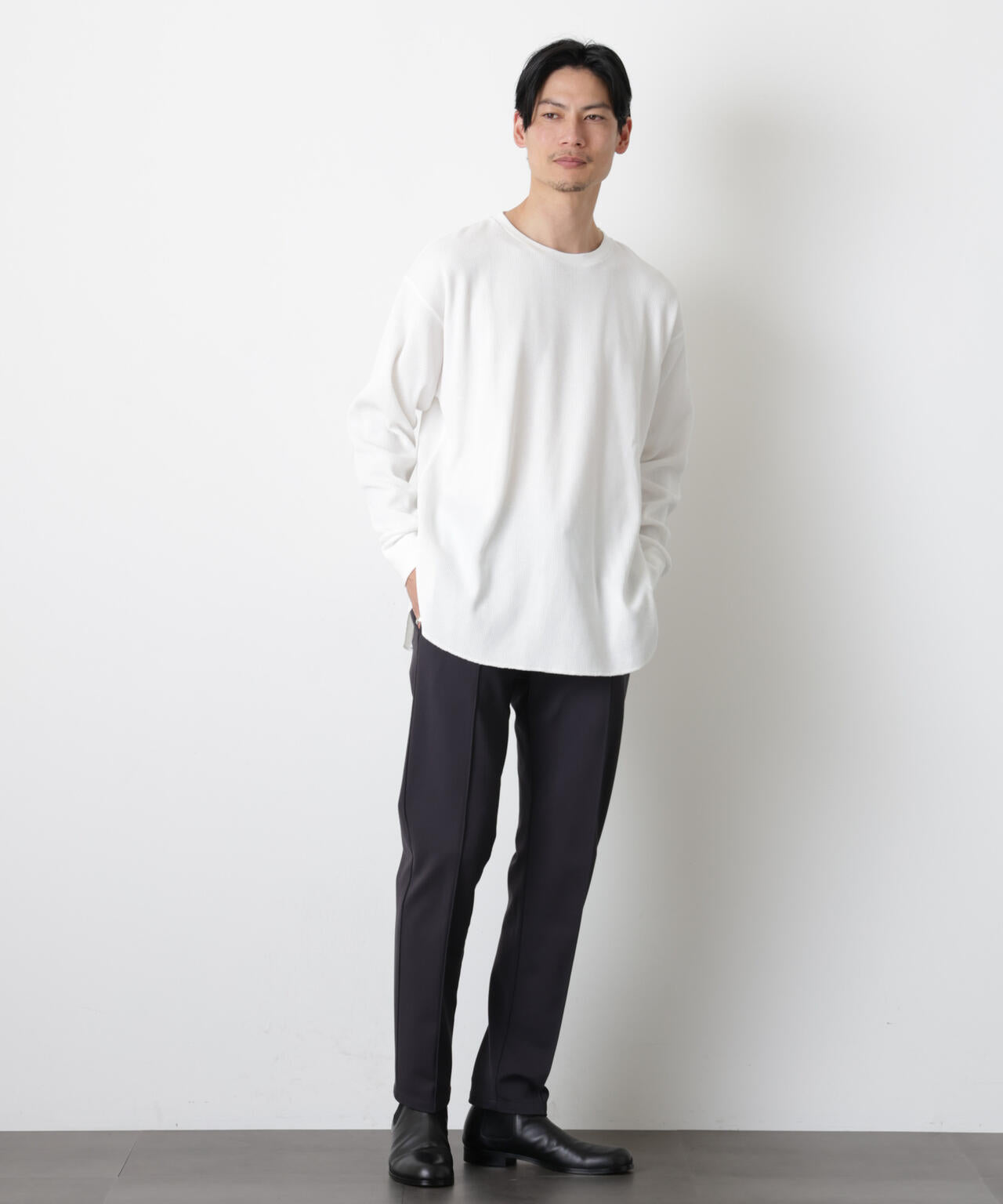 ミニワッフルクルーネックTシャツ 長袖