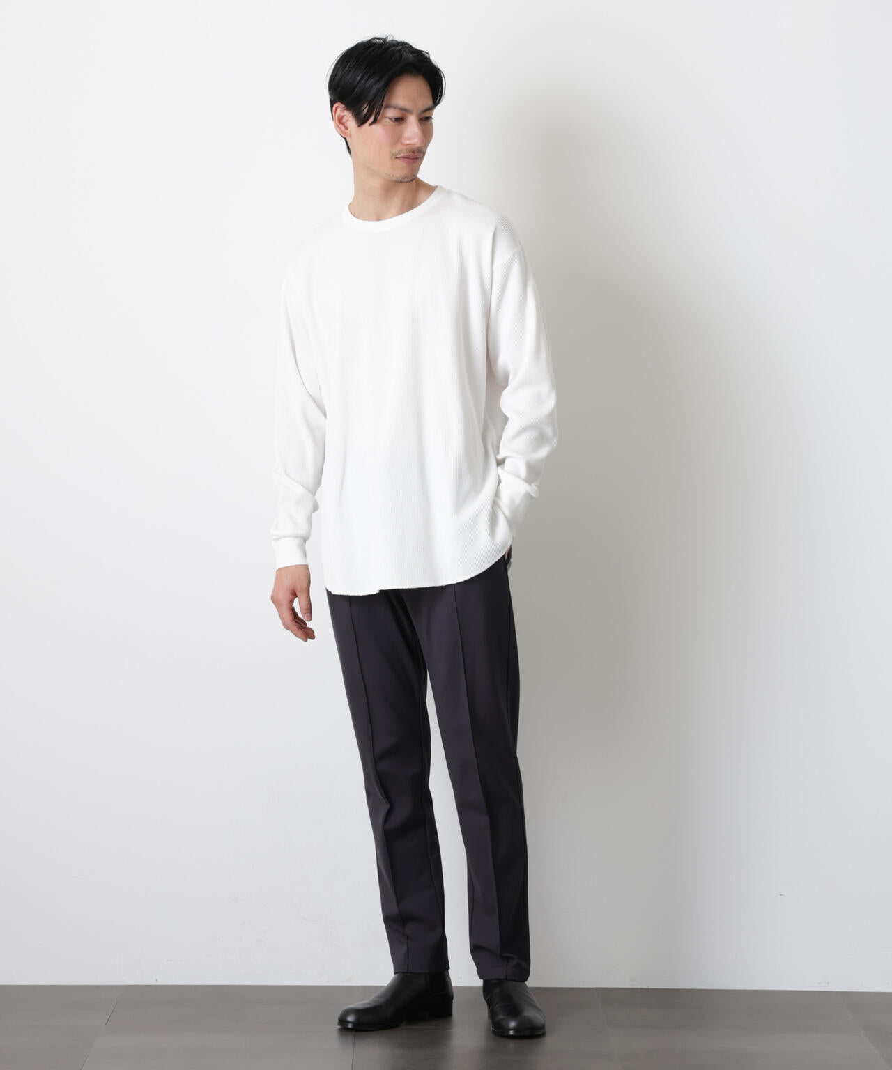 ミニワッフルクルーネックTシャツ 長袖