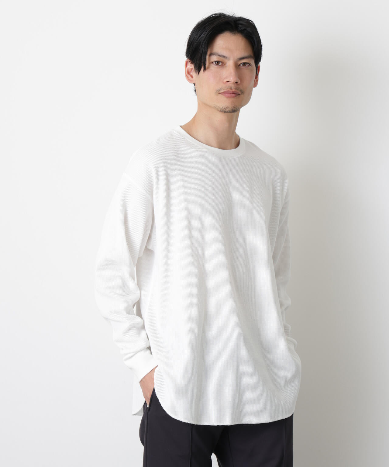 ミニワッフルクルーネックTシャツ 長袖
