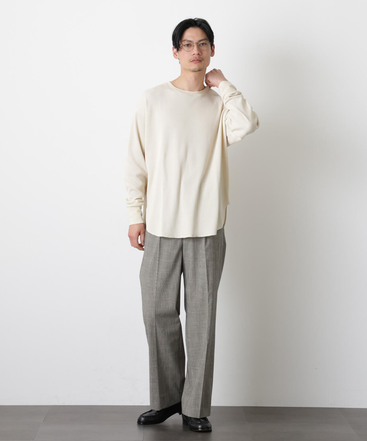 ミニワッフルクルーネックTシャツ 長袖