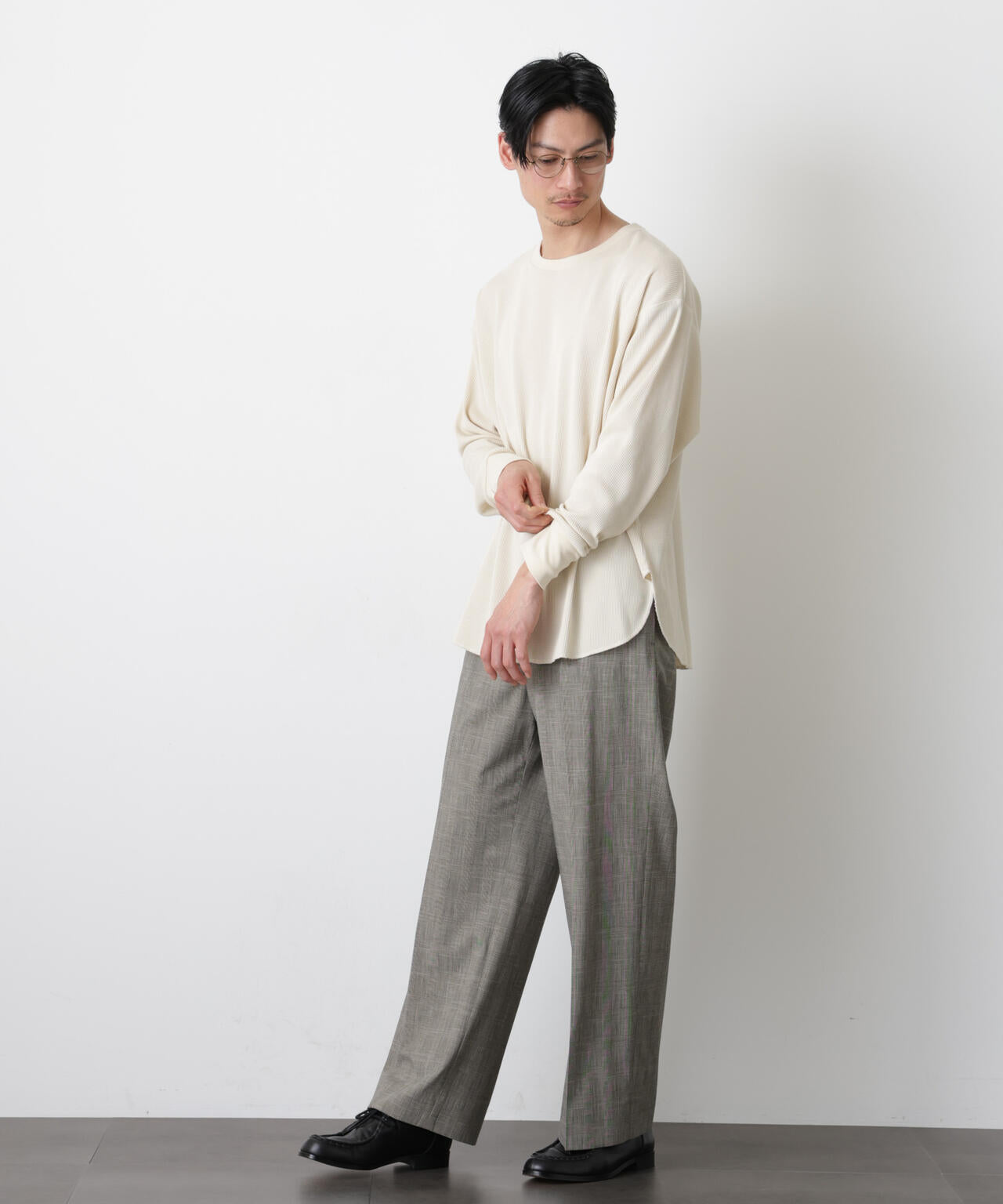 ミニワッフルクルーネックTシャツ 長袖