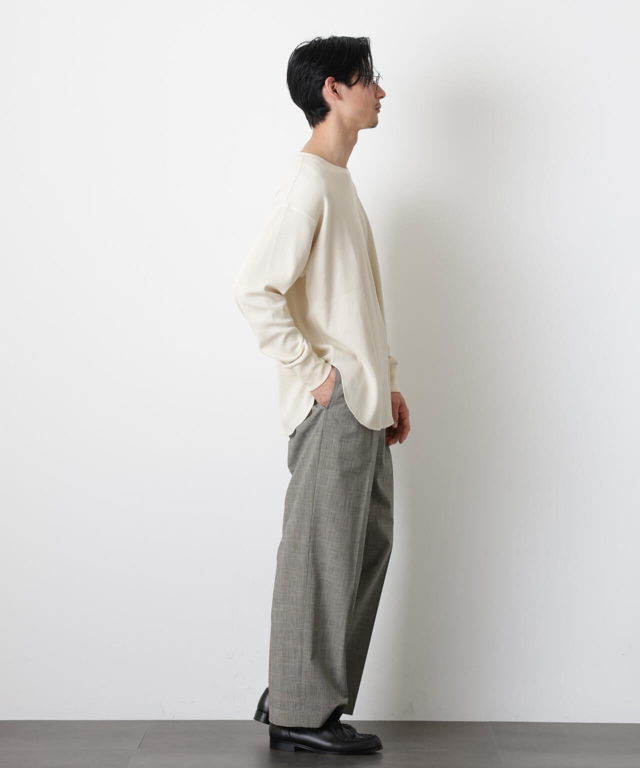 ミニワッフルクルーネックTシャツ 長袖