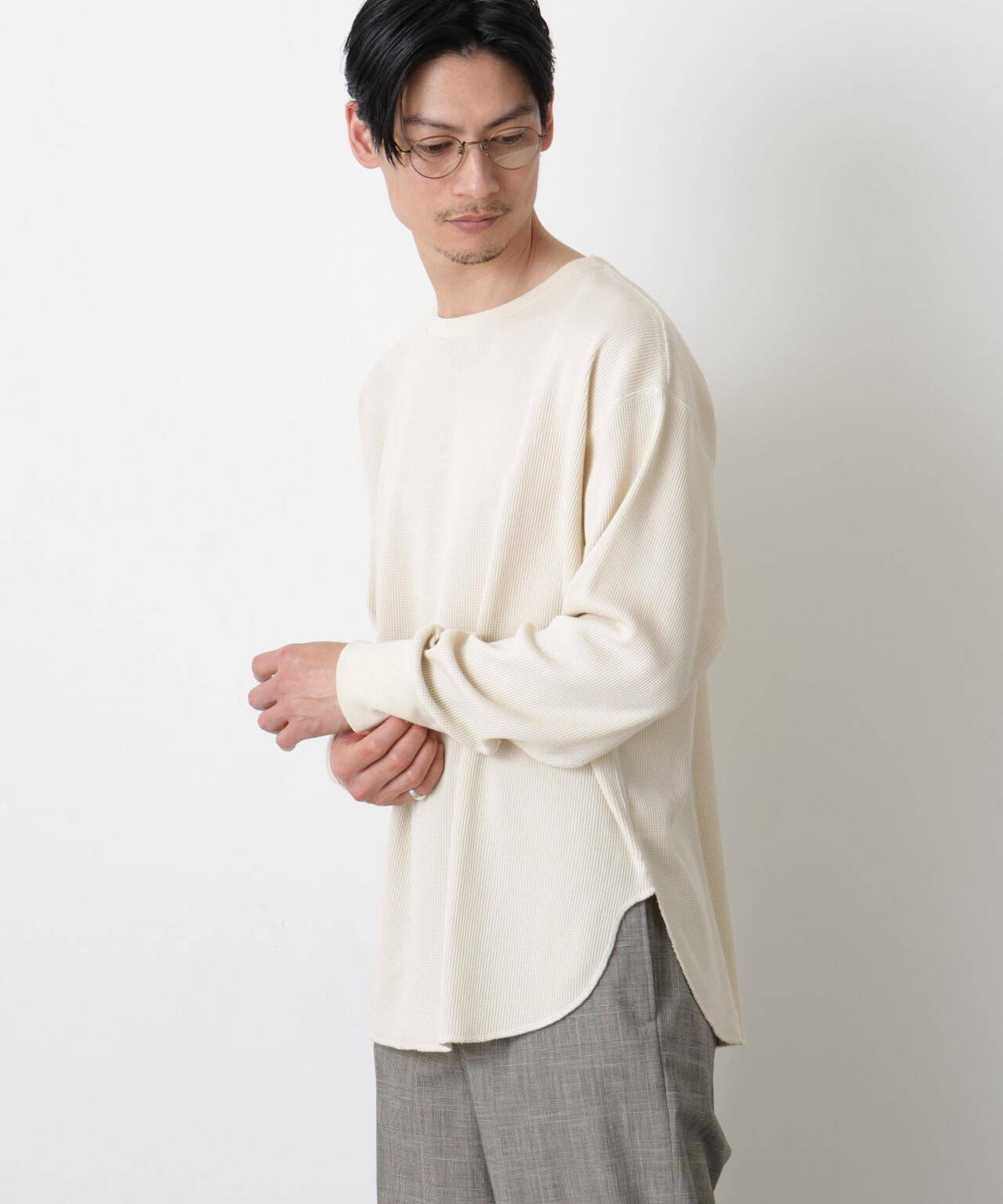 ミニワッフルクルーネックTシャツ 長袖