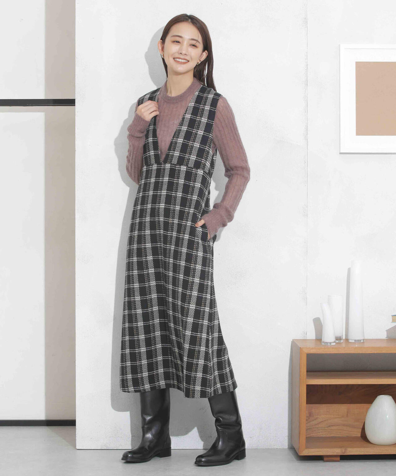 ビッグチェックVネックワンピース