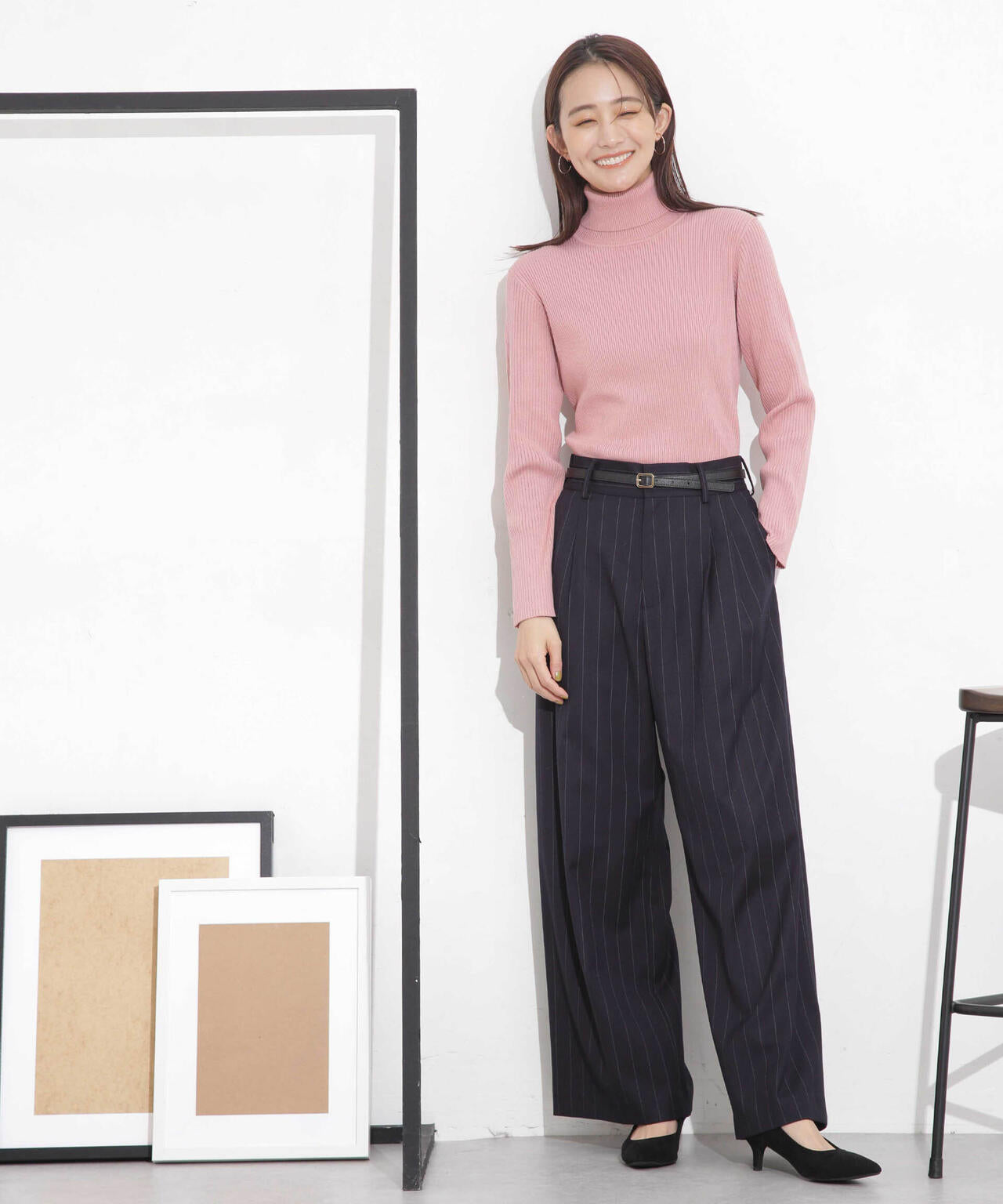 椿オイル加工リブタートルニット