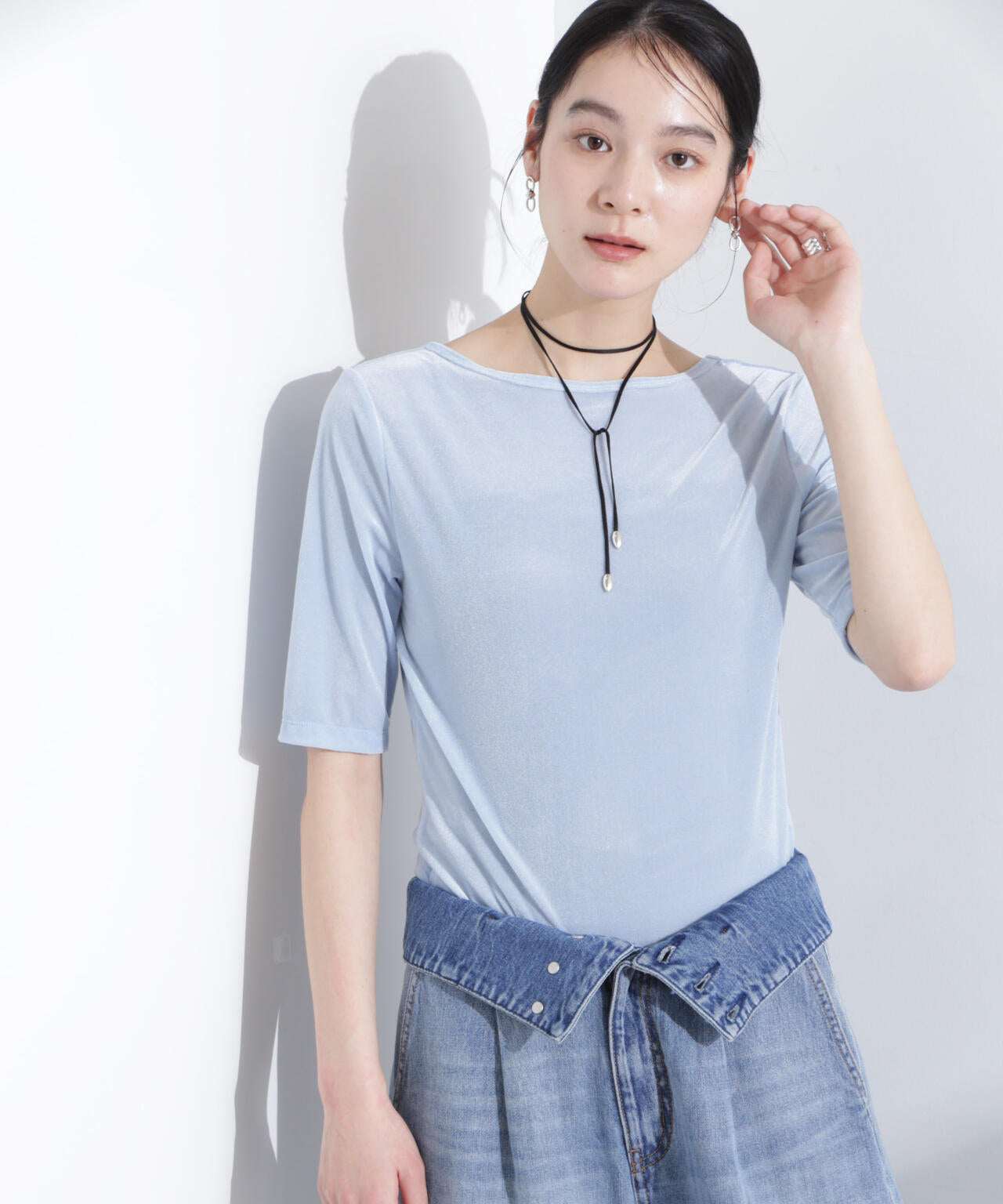 シアーベロアバックオープン5分袖Tシャツ