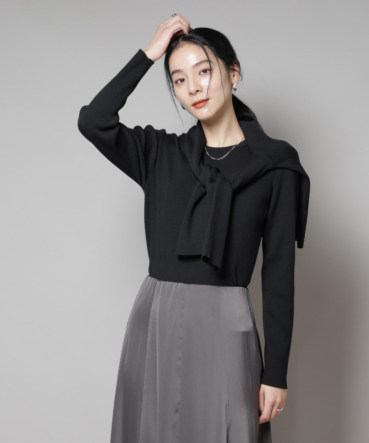 CICA&UVカット加工クルーネックリブニット