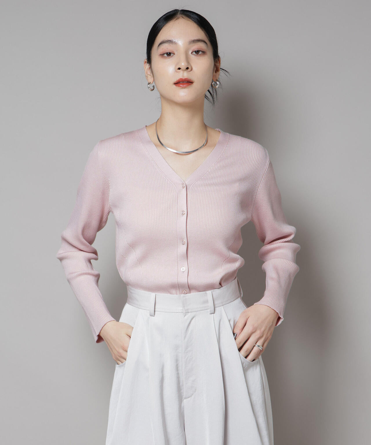 CICA&UVカット加工Vネックリブカーディガン