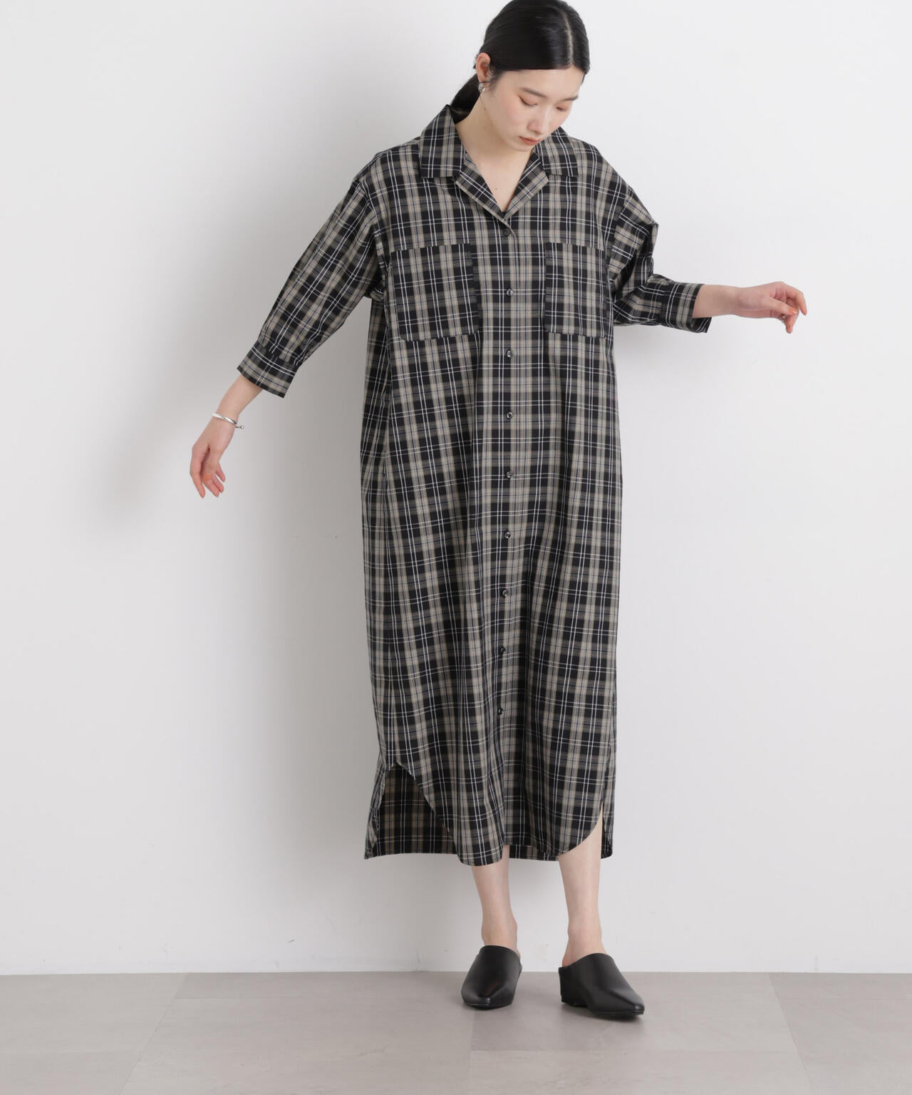 チェックポケットワイドシャツワンピース