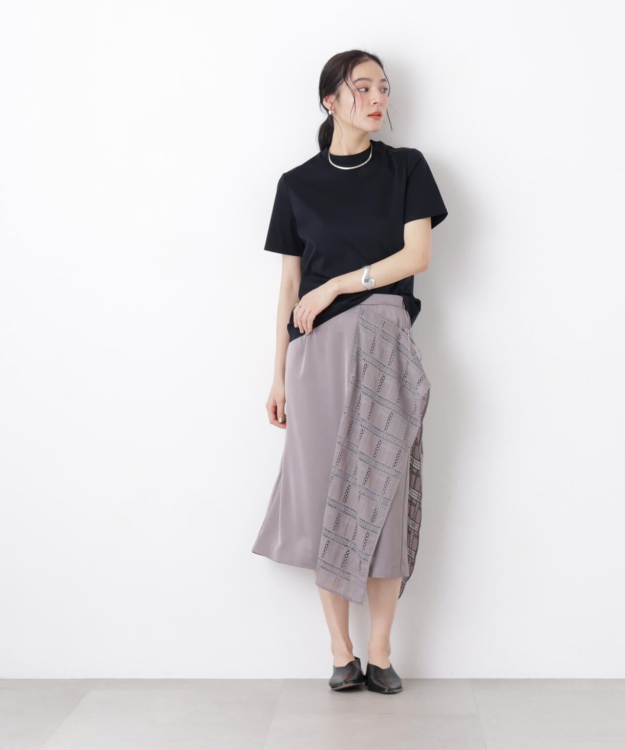 スクエアヘム刺繍レース切り替えスカート