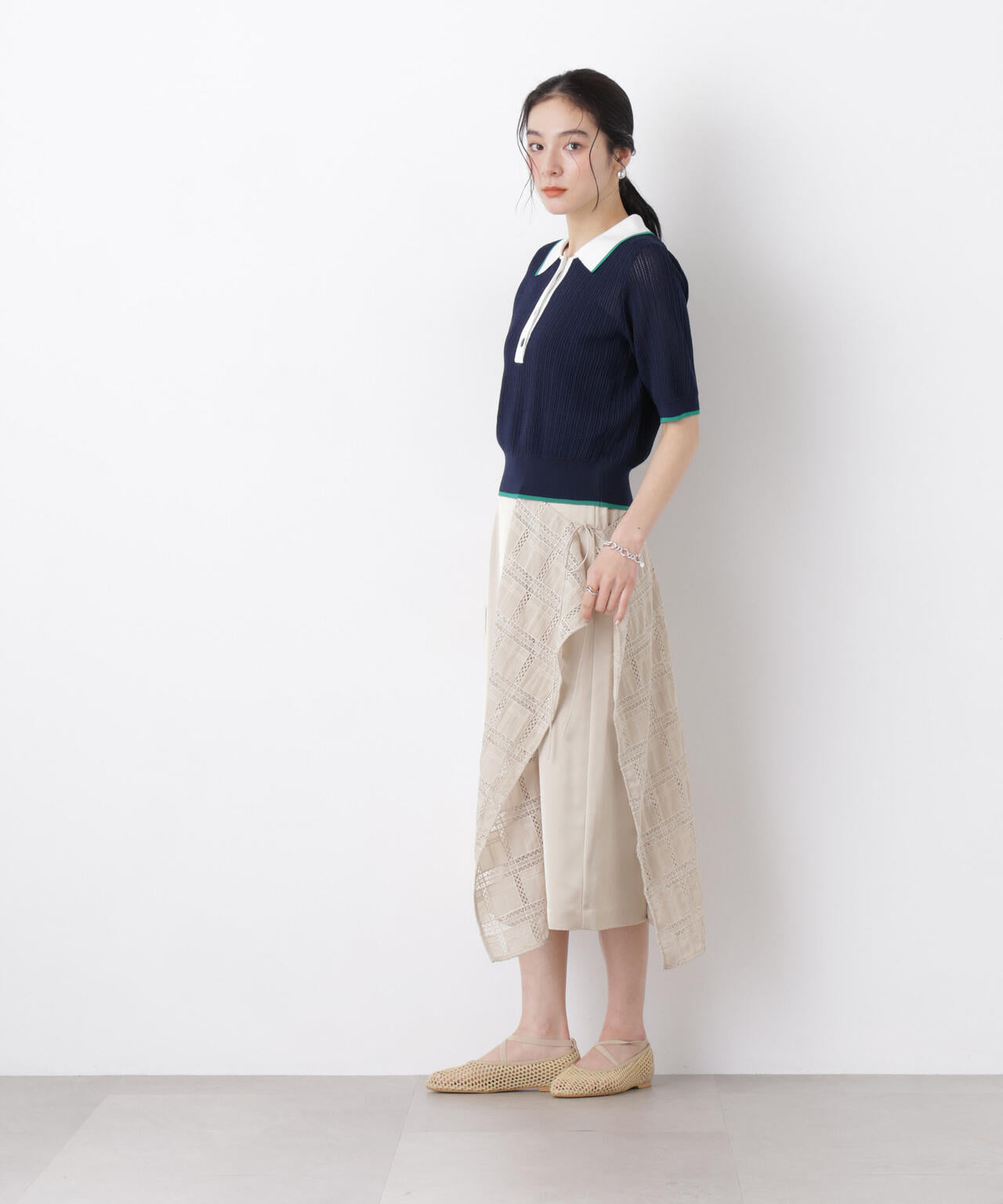 スクエアヘム刺繍レース切り替えスカート