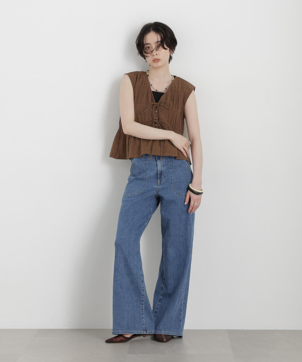 シャーリングプリーツフロントリボンブラウス(セットアップ可)