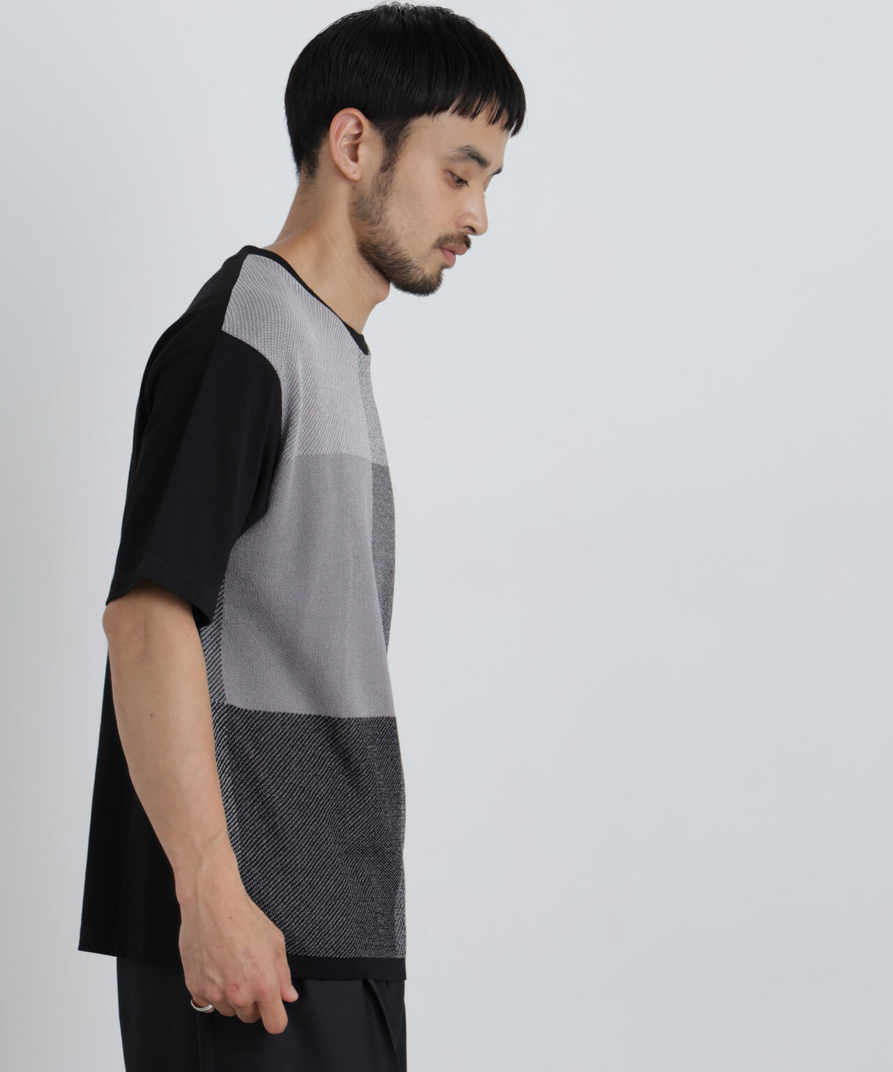 切替チェックニットTシャツ 半袖
