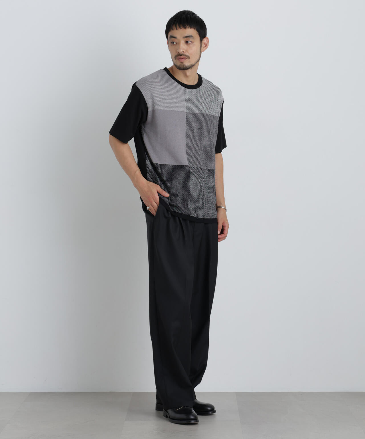切替チェックニットTシャツ 半袖