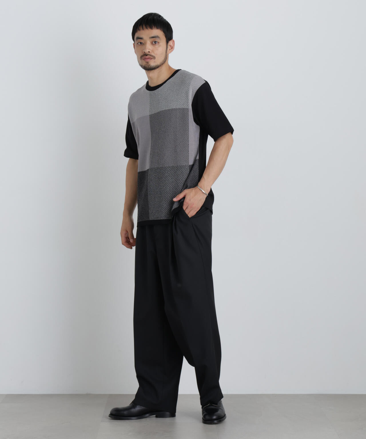切替チェックニットTシャツ 半袖