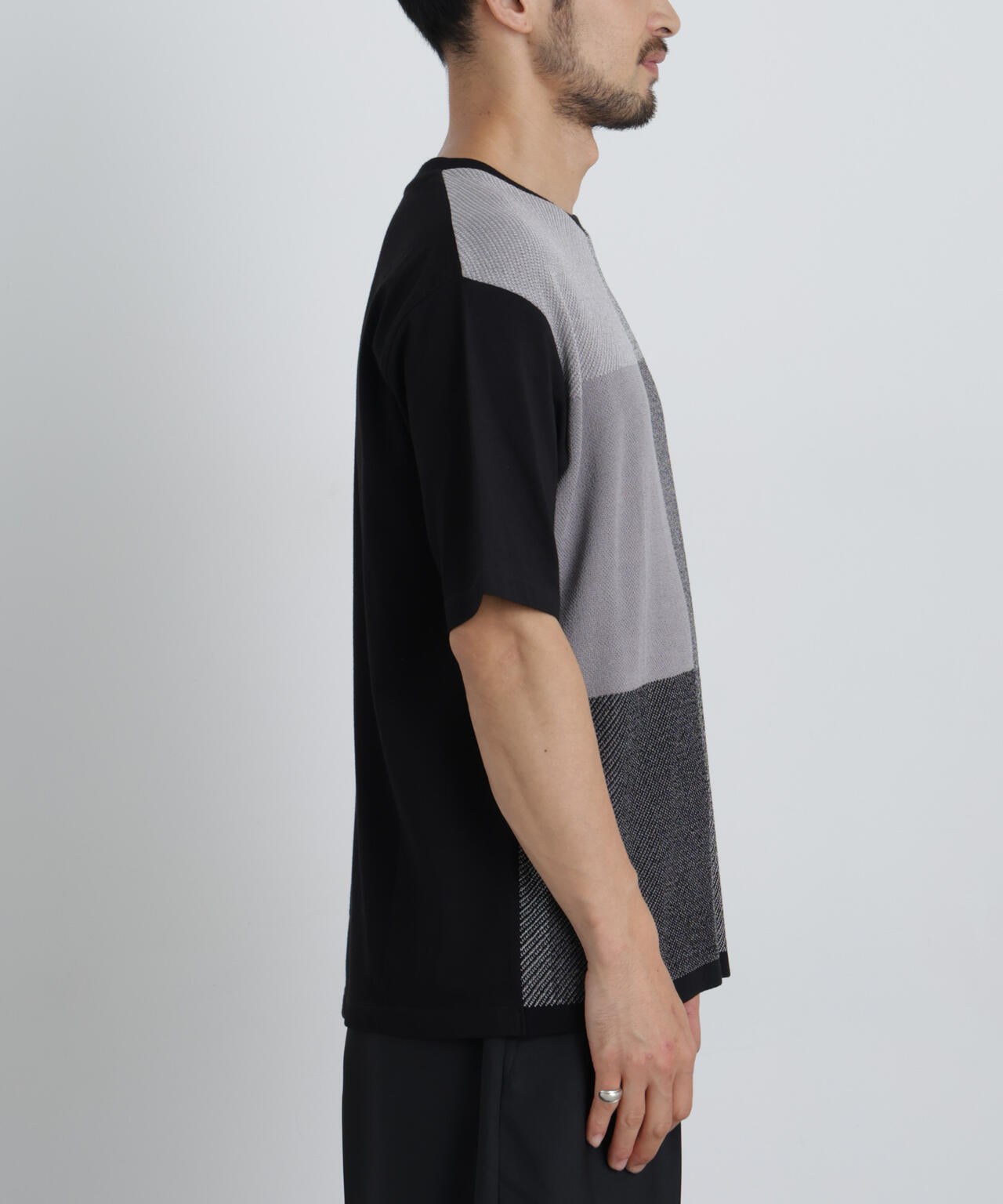 切替チェックニットTシャツ 半袖