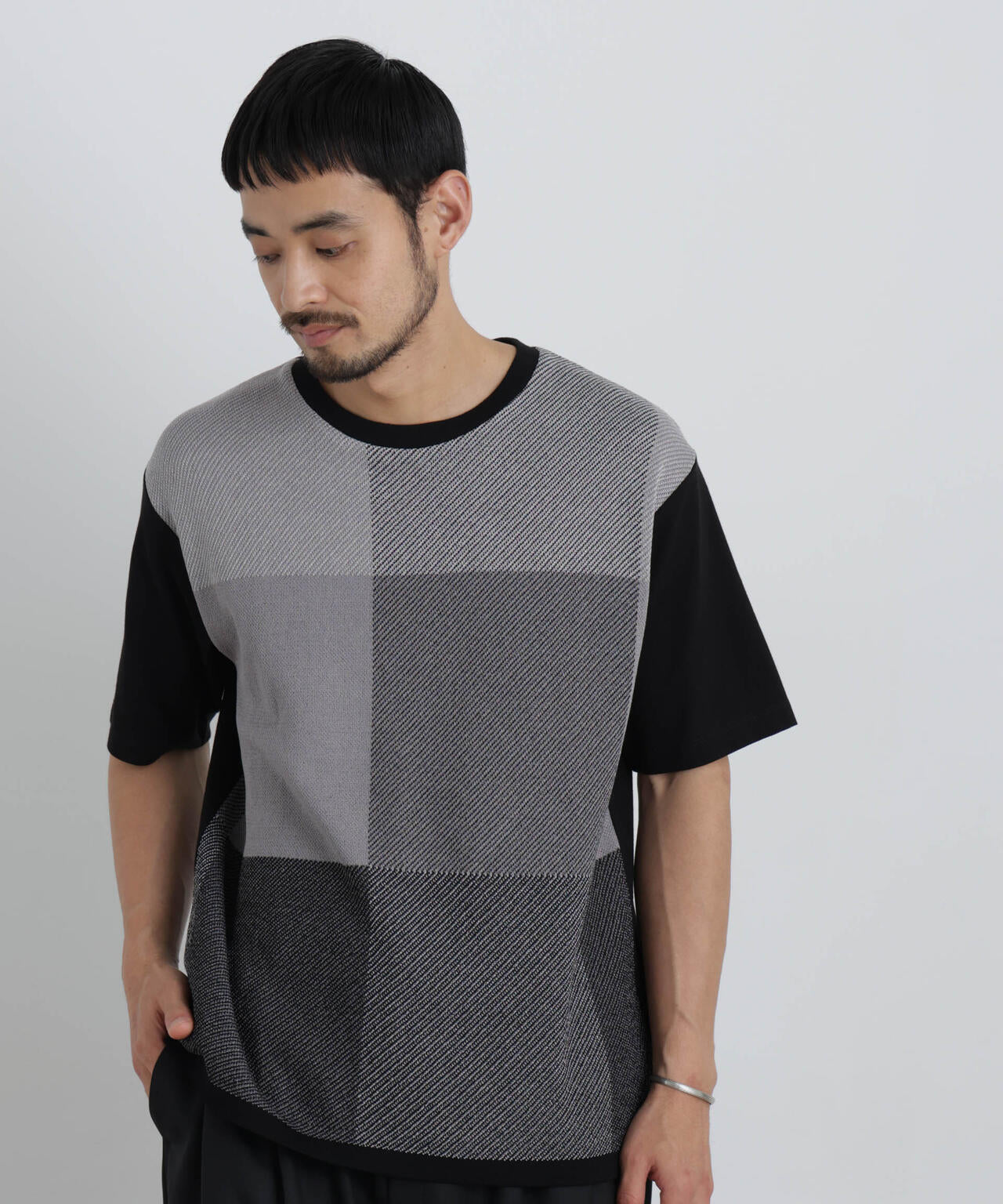 切替チェックニットTシャツ 半袖