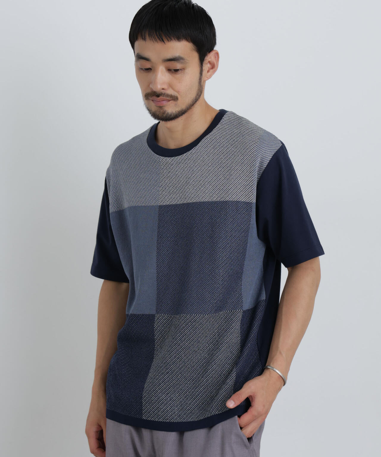 切替チェックニットTシャツ 半袖