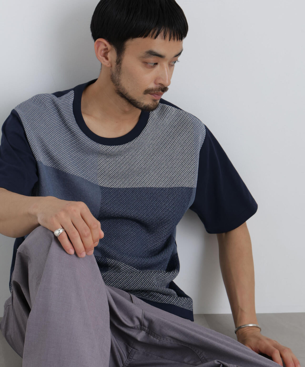 切替チェックニットTシャツ 半袖