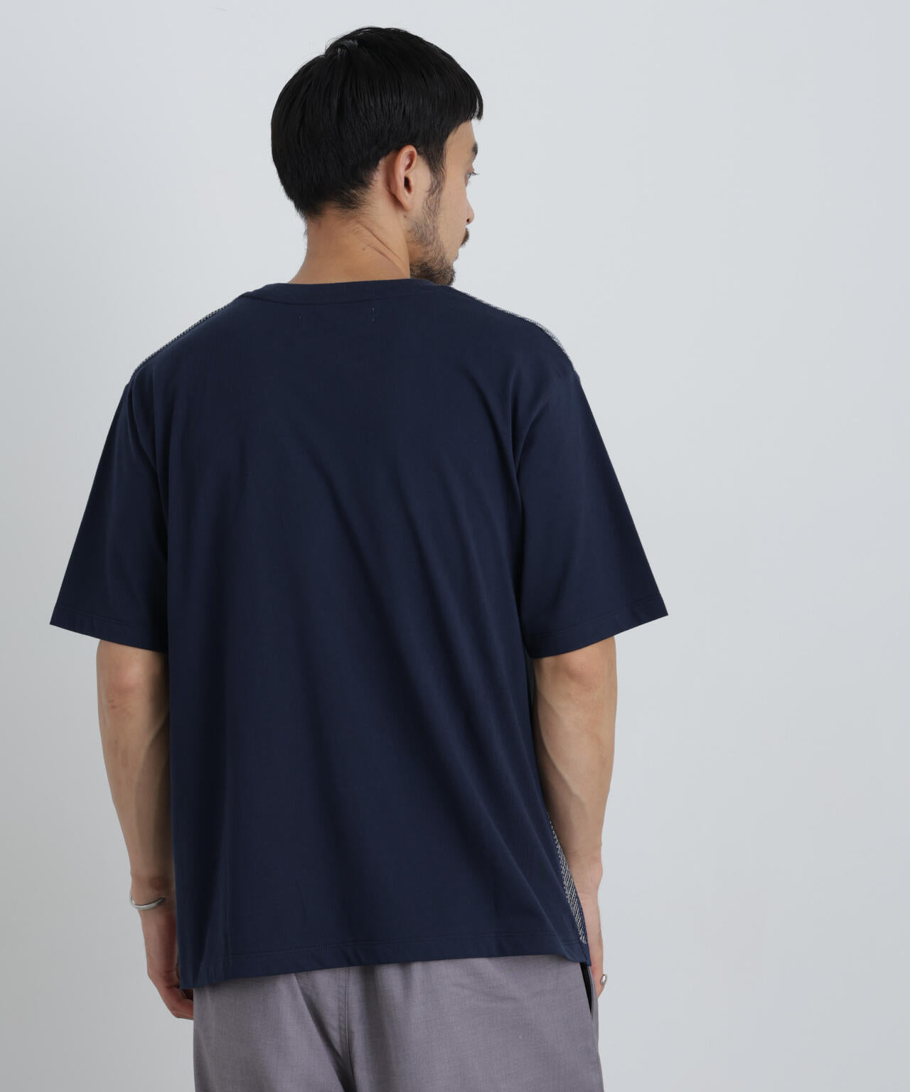 切替チェックニットTシャツ 半袖