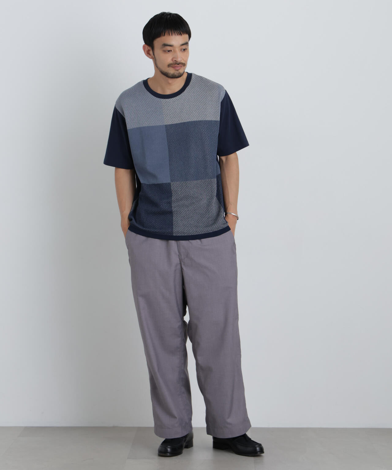 切替チェックニットTシャツ 半袖