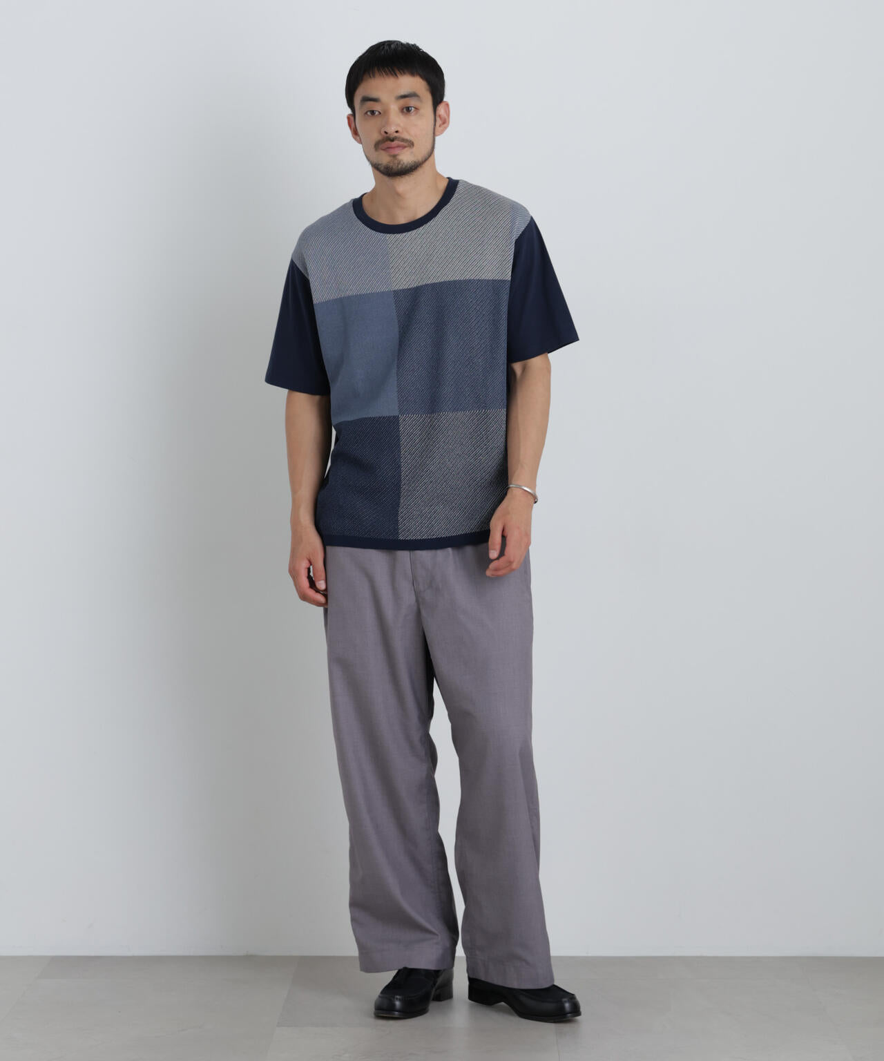 切替チェックニットTシャツ 半袖