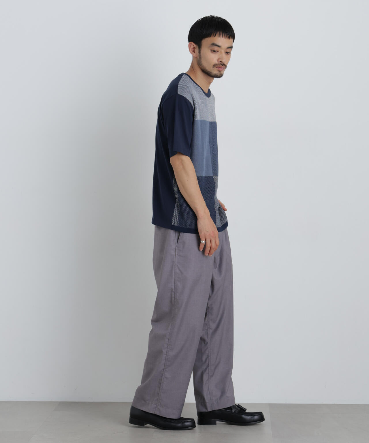 切替チェックニットTシャツ 半袖