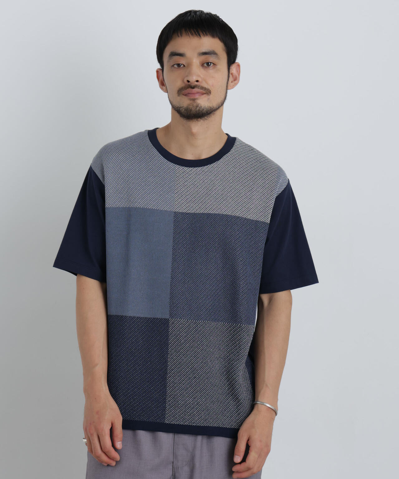 切替チェックニットTシャツ 半袖