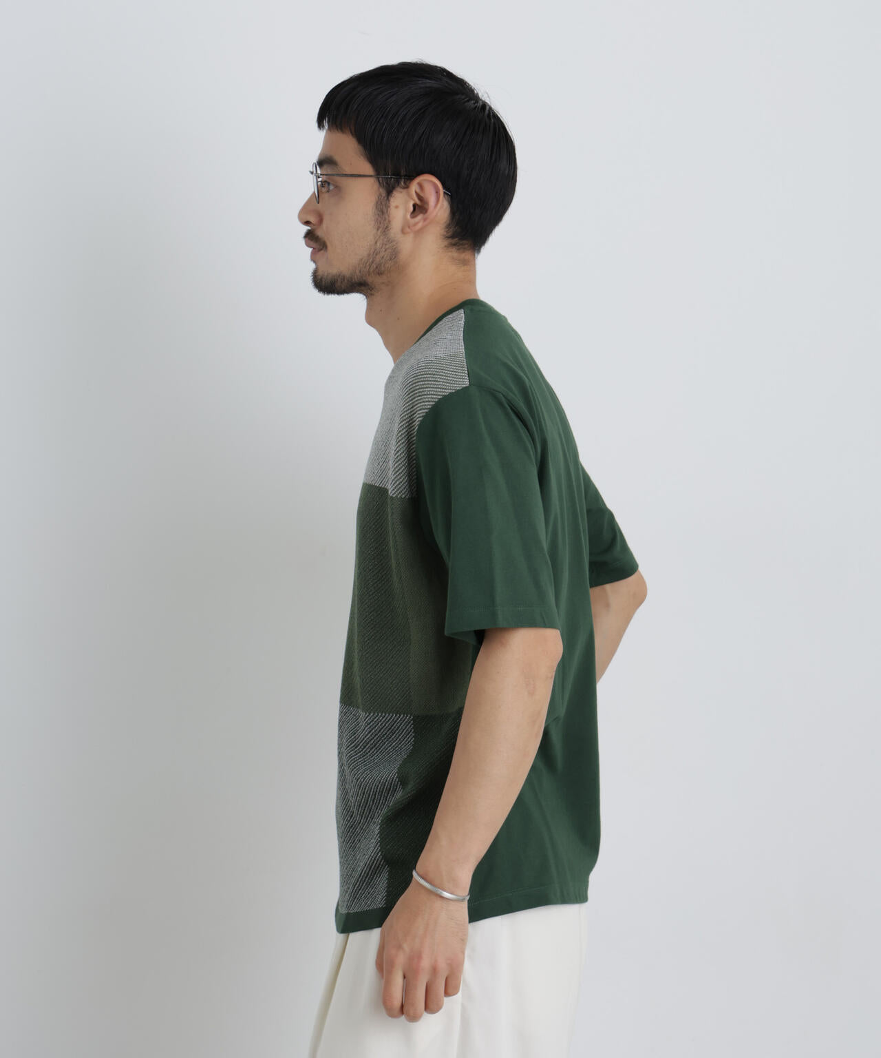 切替チェックニットTシャツ 半袖