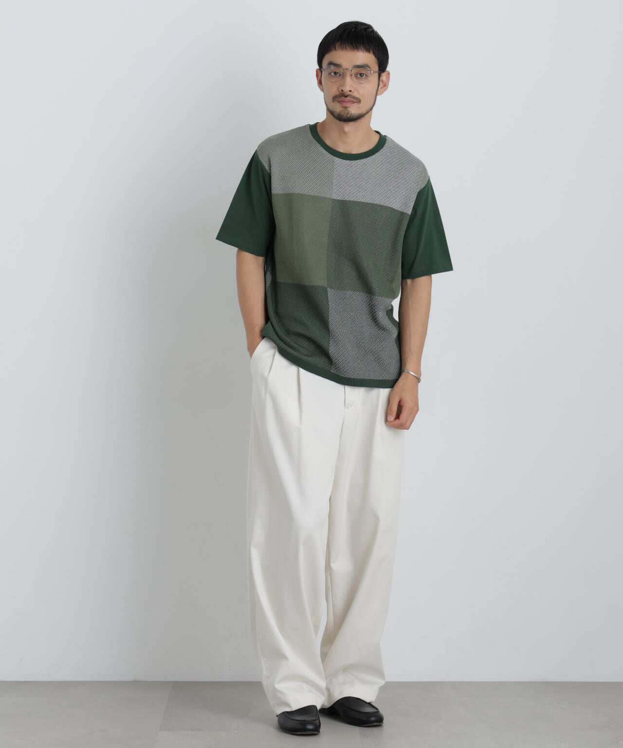 切替チェックニットTシャツ 半袖