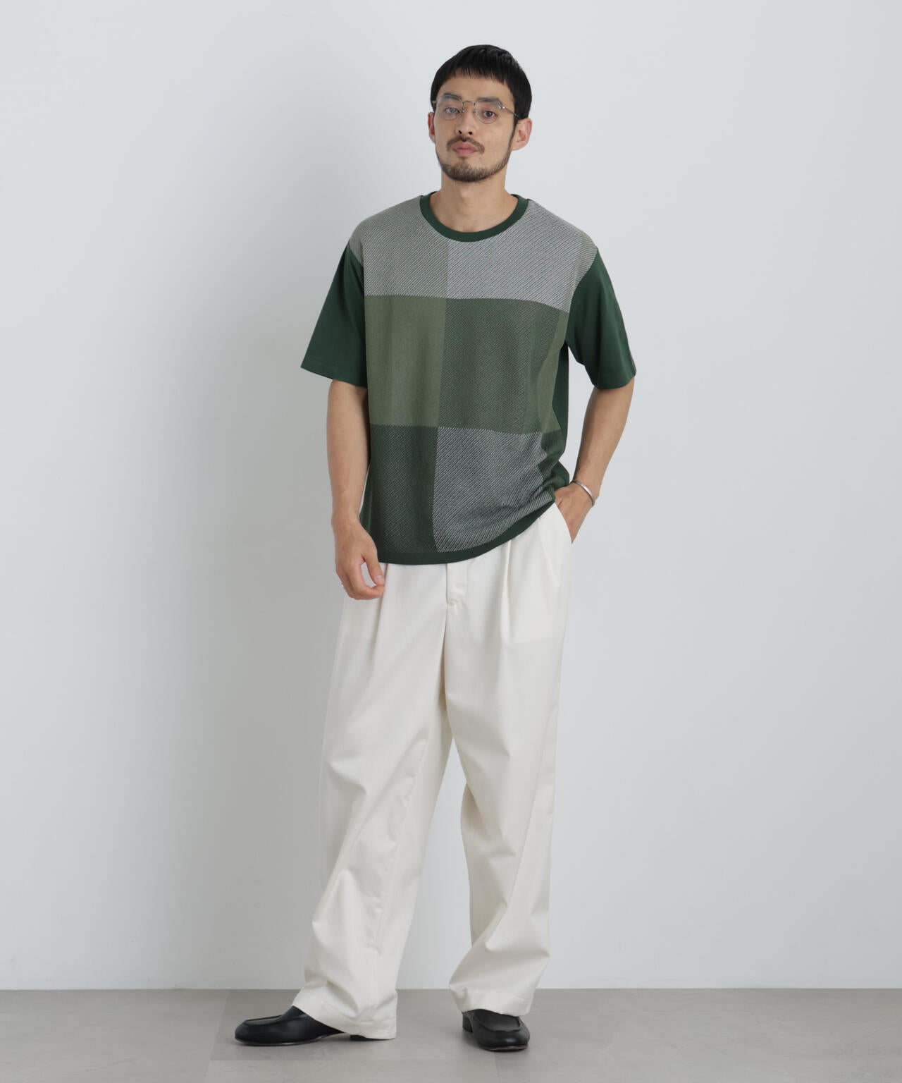 切替チェックニットTシャツ 半袖